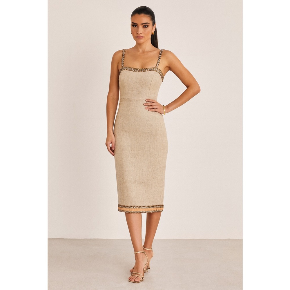 NWT RETROFETE Crystal Embellished Linen Wooden Beaded Square Neck Sheath Dress S